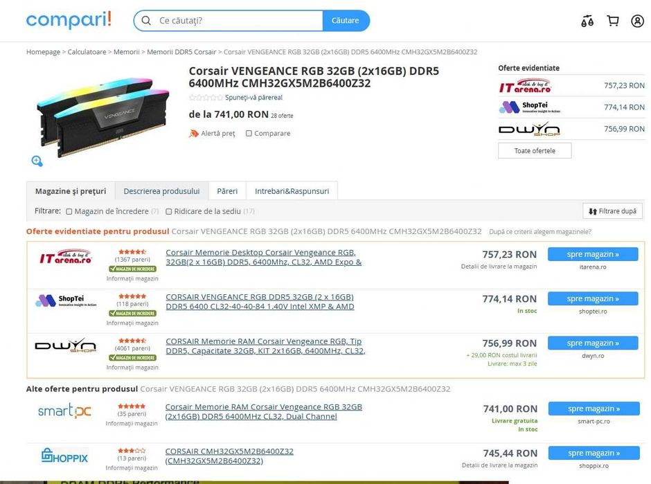Memorie Corsair Vengeance RGB 32GB DDR5 6400MHz CL32 Dual  Kit