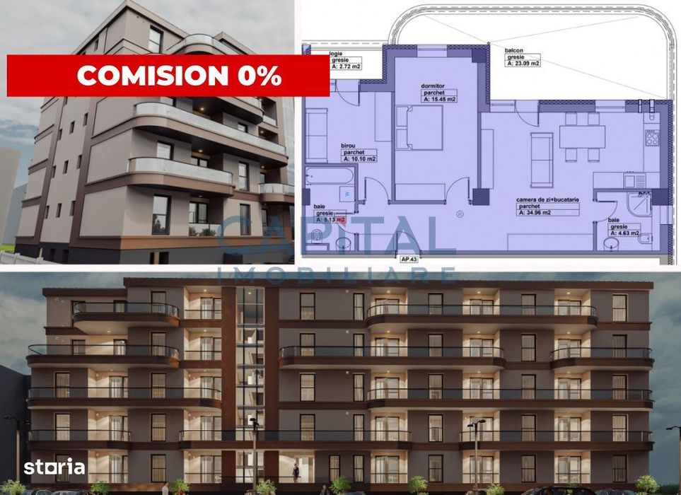 Apartament de vanzare, 3 camere, 111.44mpc, lift, terasa 23mp, comisio