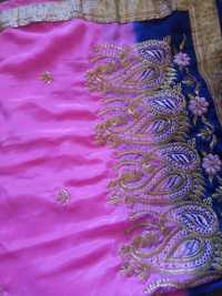 Индийско сари със бродерии във цвят розово и синьо