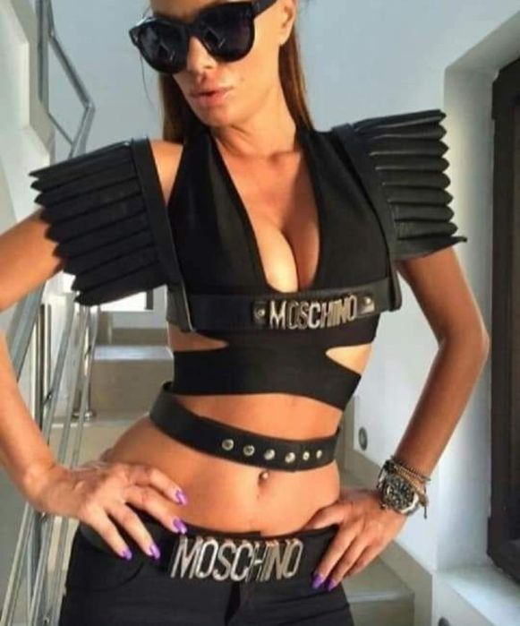 Set Moschino (geanta +curea),logo metalic, import Italia