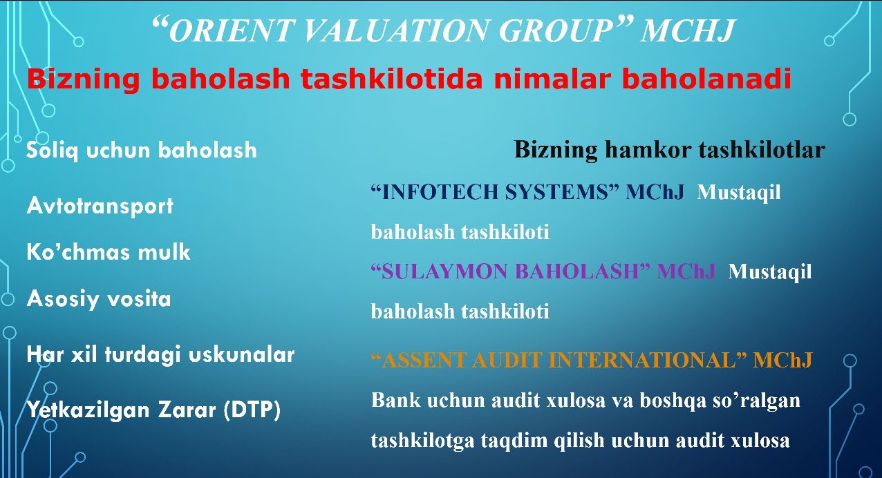 Sifatli, ishonchli va mukammal baholash xizmatimni taklif qilaman