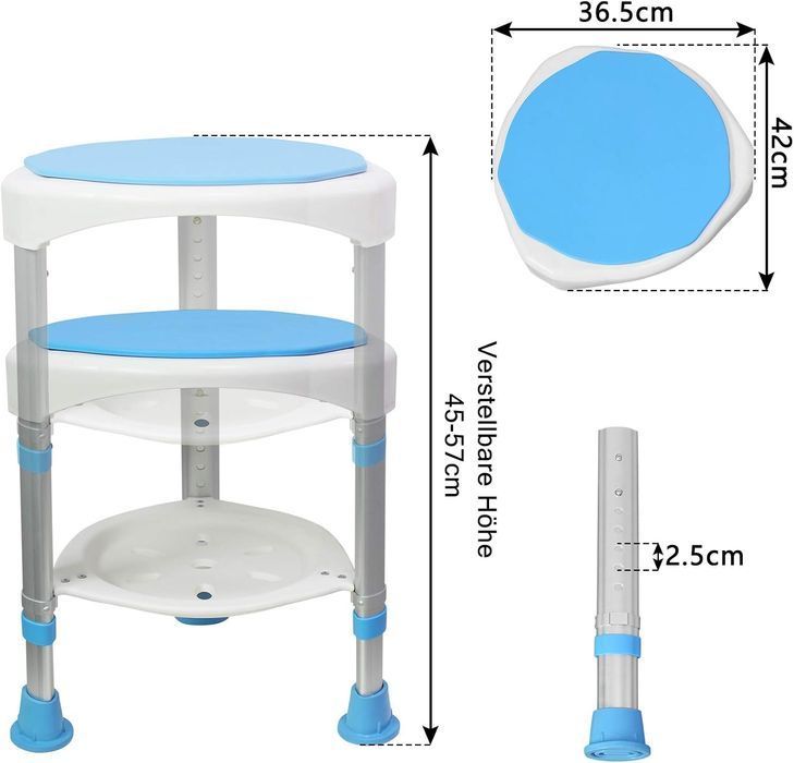 Scaun Duș Reglabil UISEBRT 360° – max 200kg, Cadru Aluminiu, Rotativ