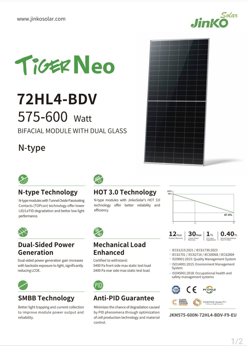 Panou Fotovoltaic Jinko Tiger NEO 590W JKM575-72HL4 Bifacial,  N-type