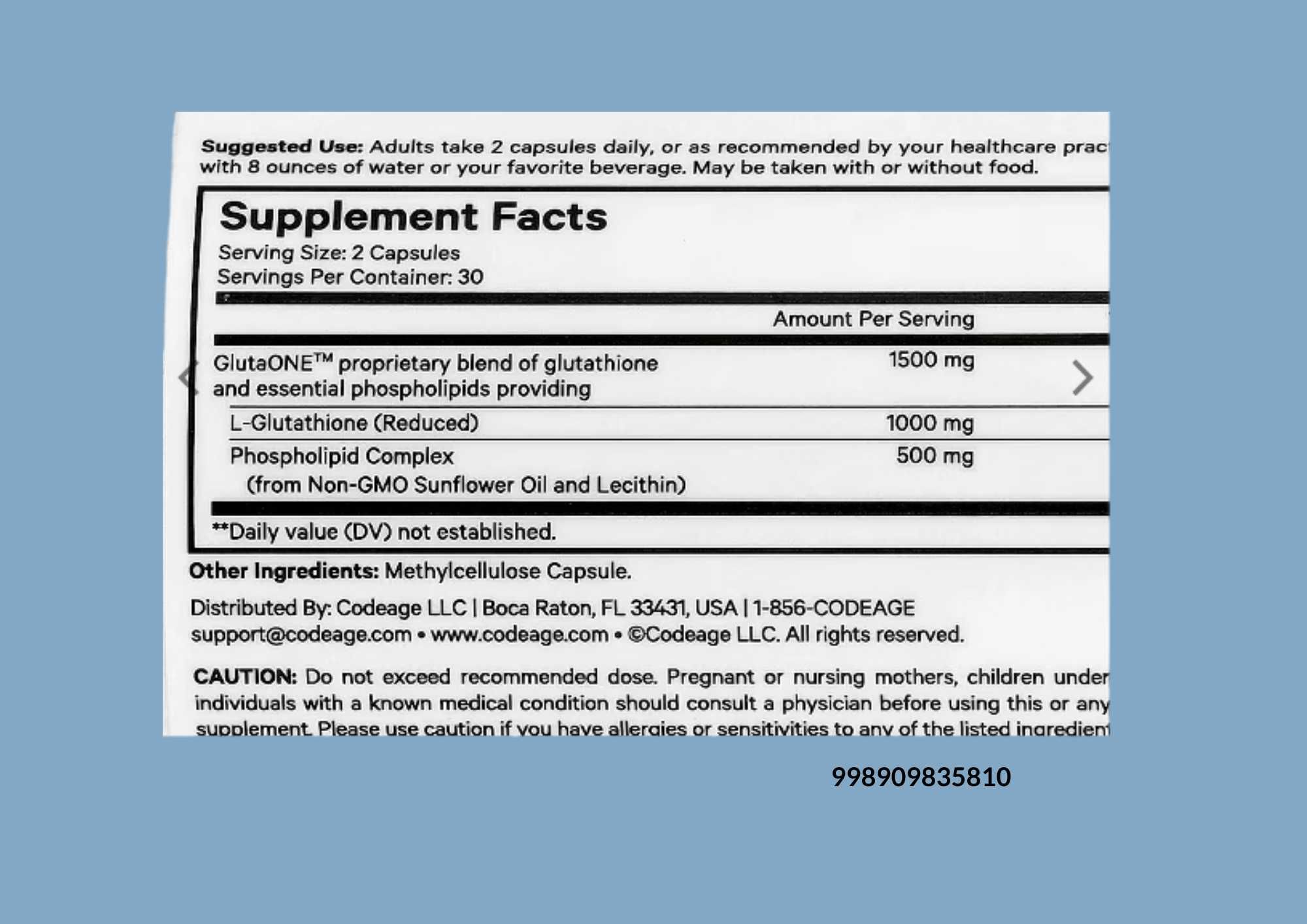 Липосомальный глутатион, Liposomal glutathione Codeage 60 раст-ных кап