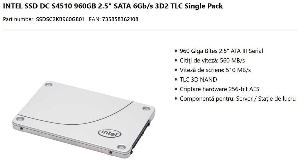 INTEL SSD DC S4510 960GB 2.5" SATA 6Gb/s 3D2 TLC  - pentru server