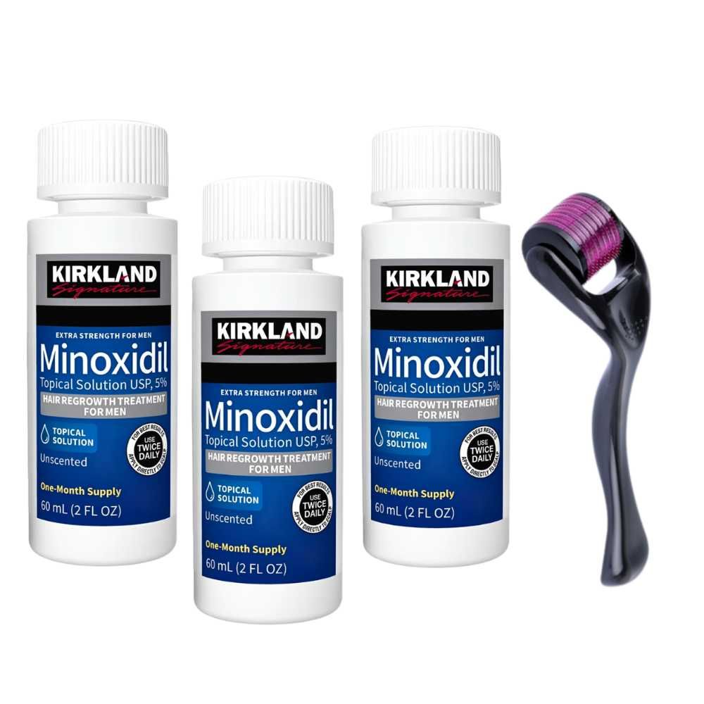 Minoxidil Kirkland 5%, 3 Luni Aplicare + Dermaroller + Pipeta inclusa