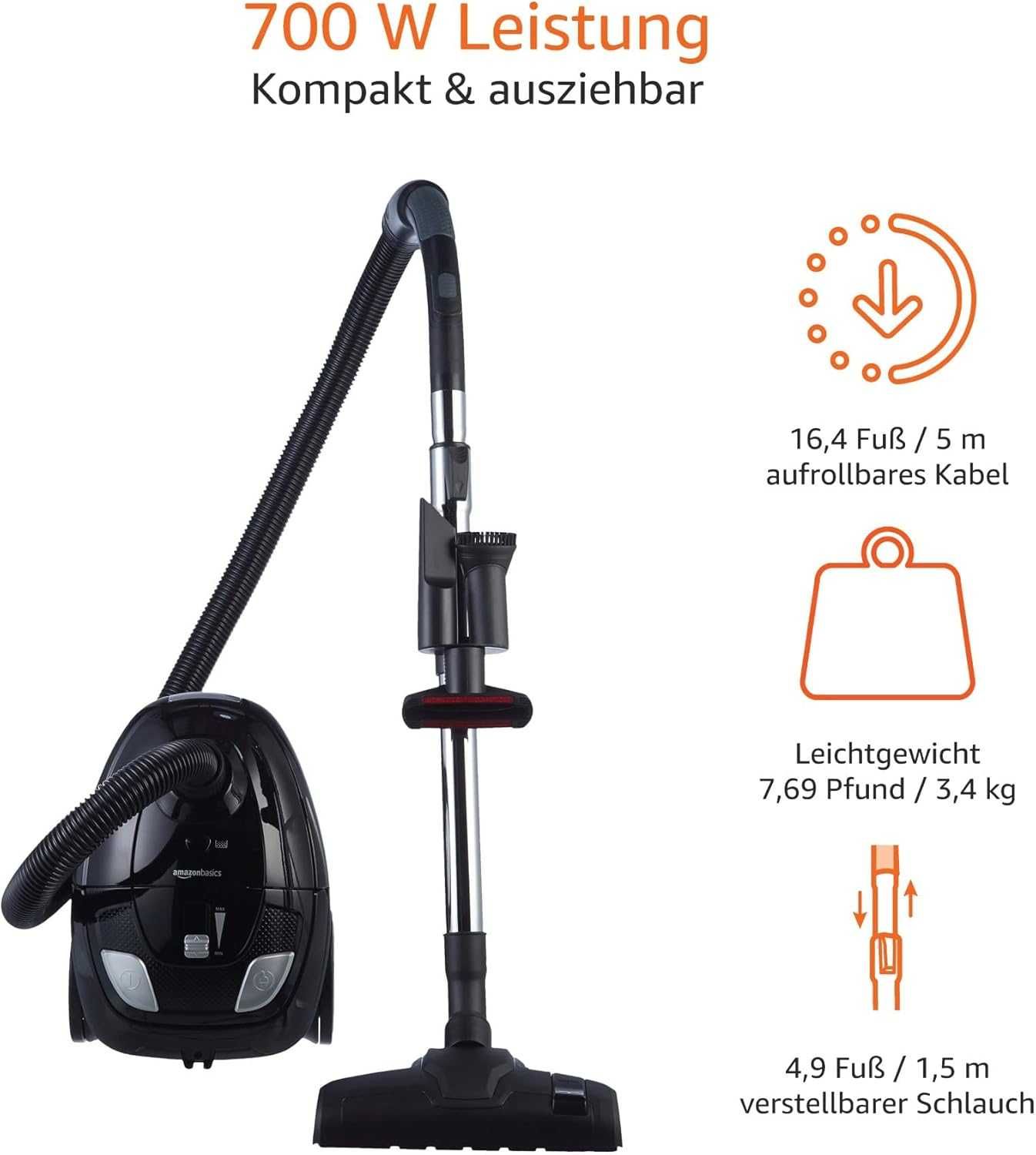 Amazon Basics Мощна, компактна, лека прахосмукачка с торбичка, 700W