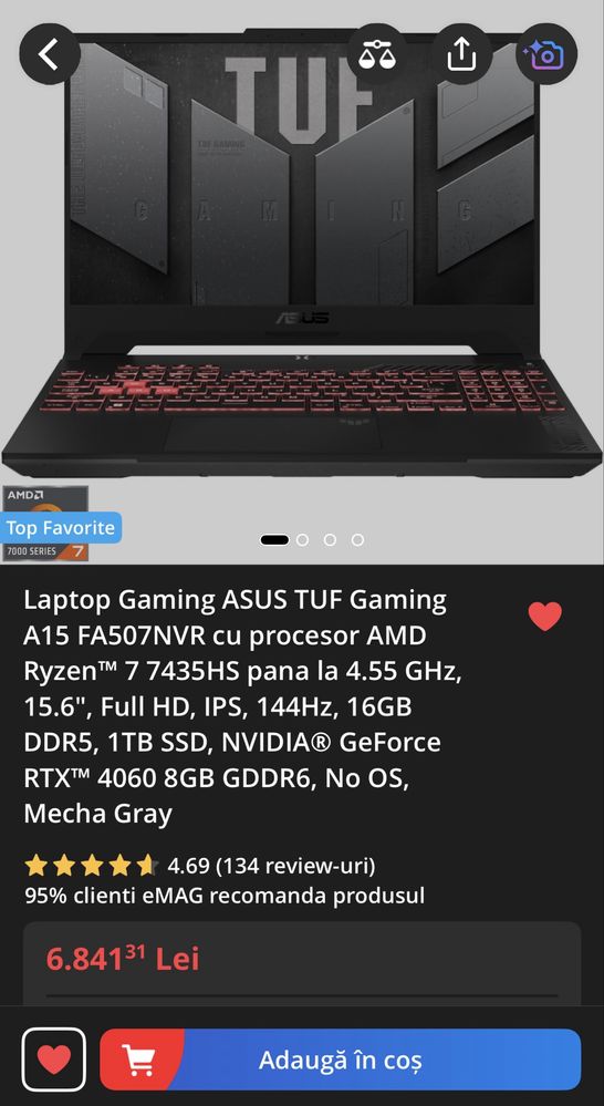 Laptop Gaming ASUS TUF A15 |RTX 4060 8GB,Ryzen 7,16GB DDR5, Garantie