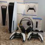 PlayStation 5, в комплект с два контролера, слушалки, зарядно и игри
