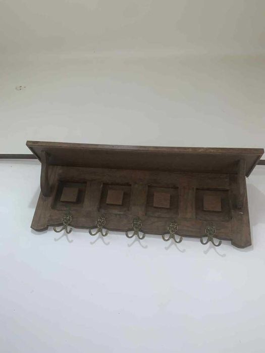 Cuier de perete din lemn masiv 5 carlige din bronz vintage
