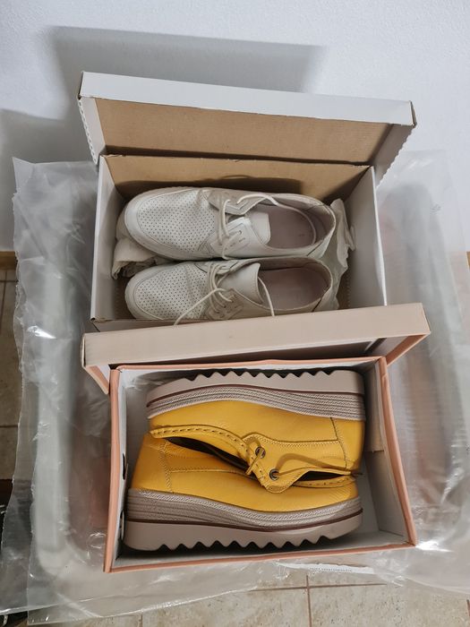 Vand 2 perechi de incaltaminte din piele, pantofi albi si galbeni, 36