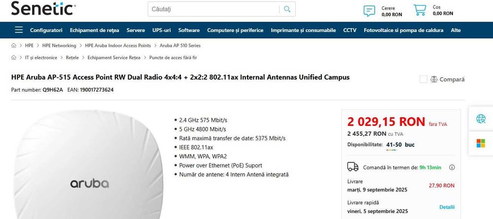 Acces Point Wifi 6 Aruba AP 515-RW nefolosit, 5375 Mbit/s