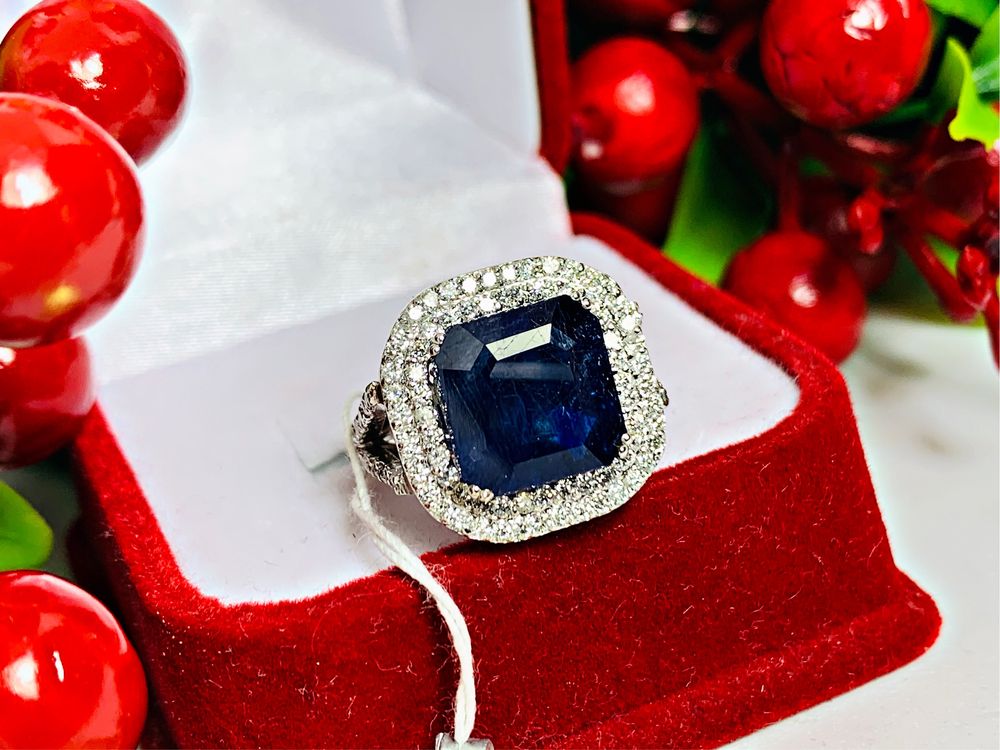 Золотое бриллиантовое кольцо с натуральным камнем – Сапфир