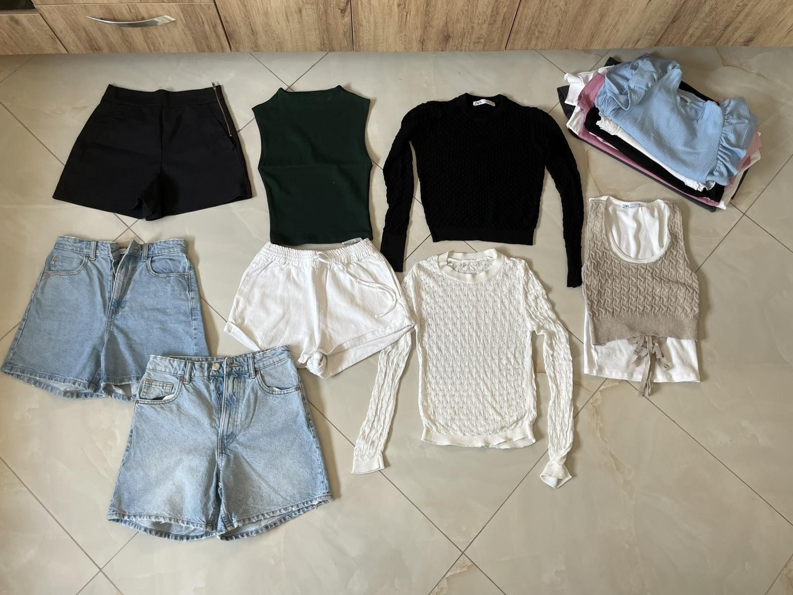 Къси панталони , Дънки зара , комплект, екип , guess , висока талия