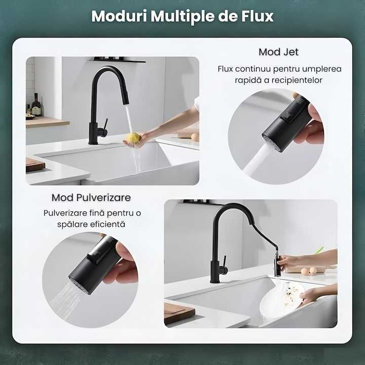 Baterie Chiuveta Bucatarie, Pipa Extractabila,Otel Inoxidabil, Negru