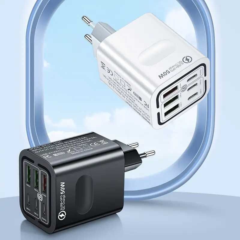 Шест-портови Бързи зарядни за телефон и таблет 50W/55W USB-A и Type C!