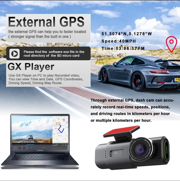 Camera de bord auto față/spate Dashcam Ultra 4K Wifi GPS