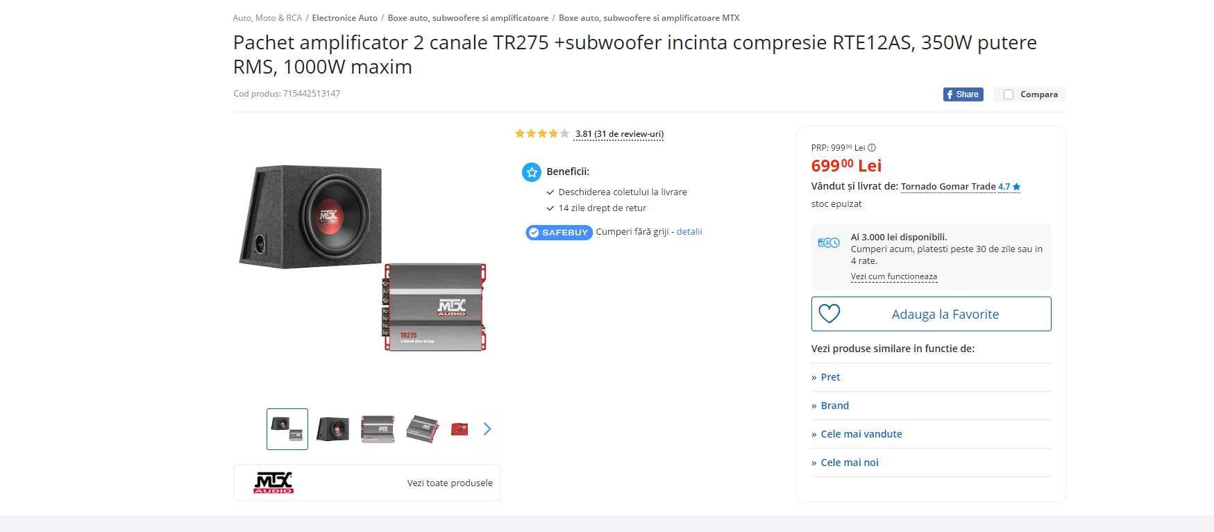 Amplificator TR275 +subwoofer RTE12AS, 350W putere RMS, 1000W