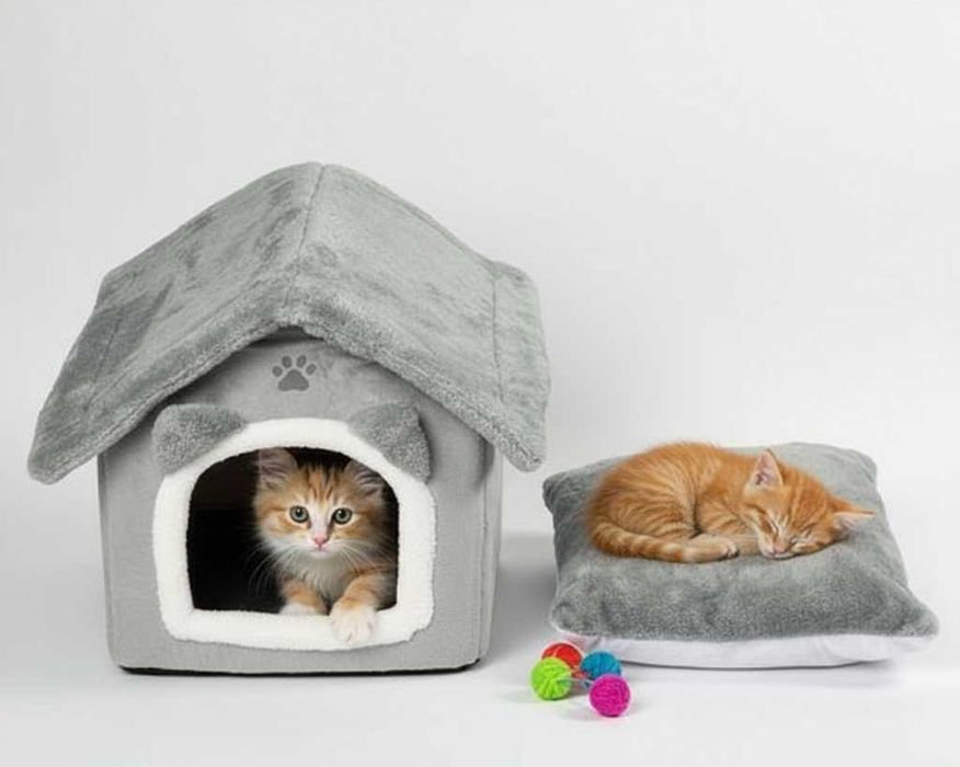 Casuta pliabila pisici cu acoperis detasabil perna lavabila 39x38x35cm