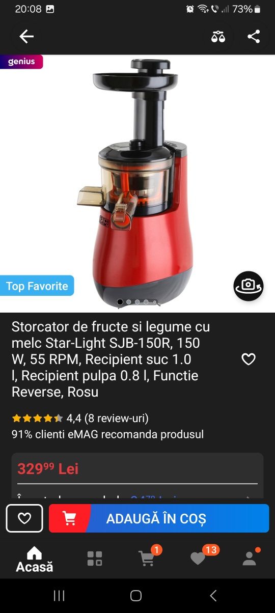 Storcator de fructe si legume cu melc Star-Light SJB-150R, 150 W, 55 R