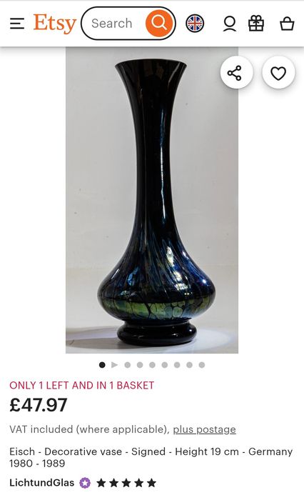 Vază de colecție Marca Ervin Eisch Germany 1980-1989