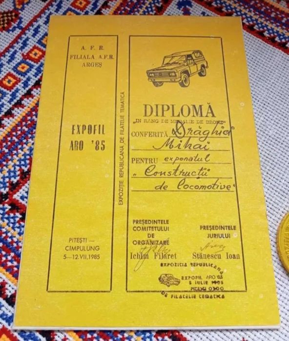 Lot obiecte ARO, Placheta și diploma,expoziția filatelica,Expofil 1985