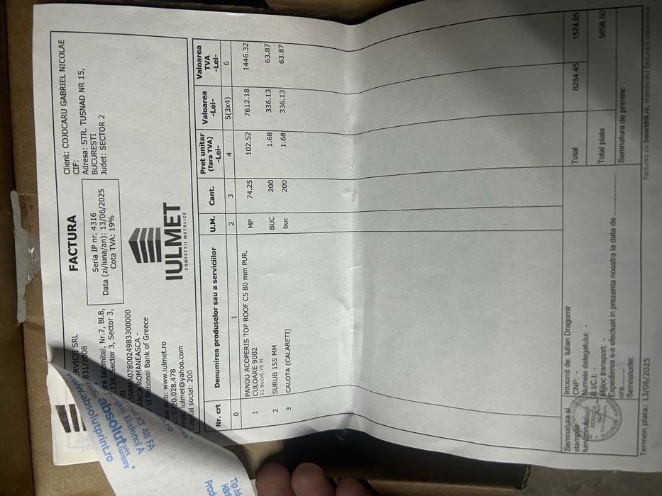 Panou Sandwich acoperis 6,75m lungime pe 1 latime, 80mm grosime