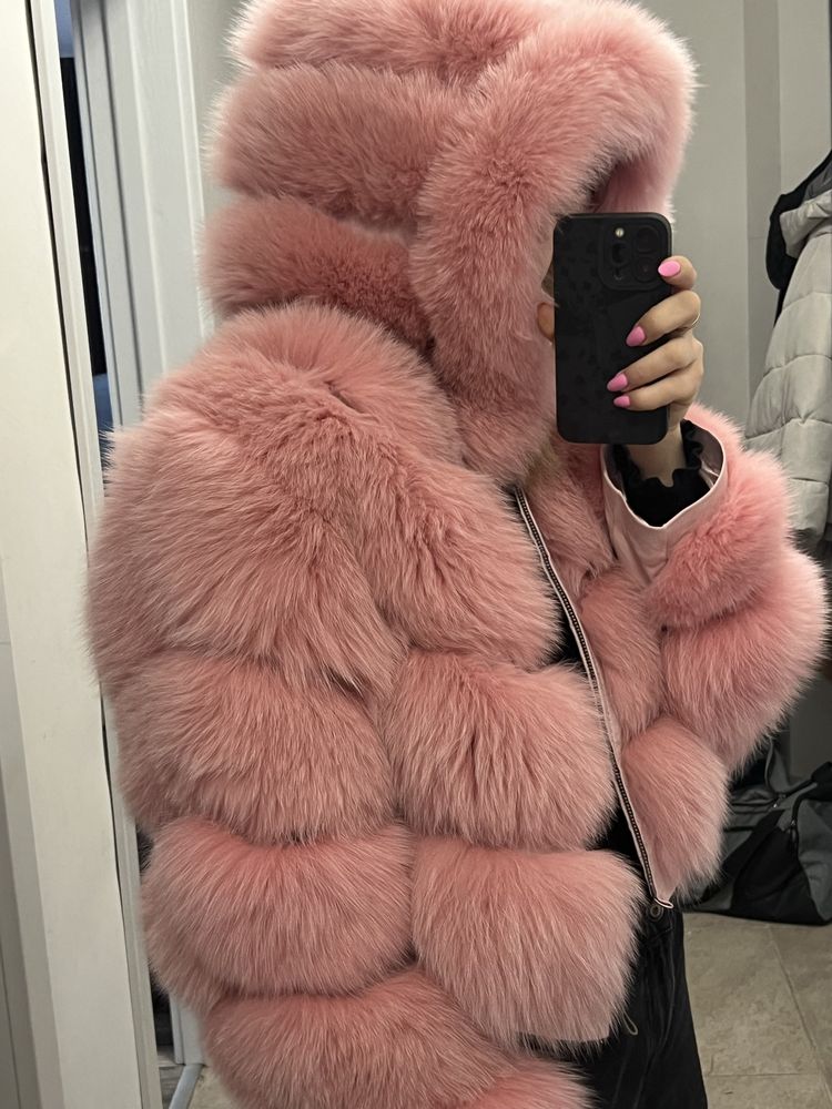 Палто от естествен косъм от лисица  в розов цвят