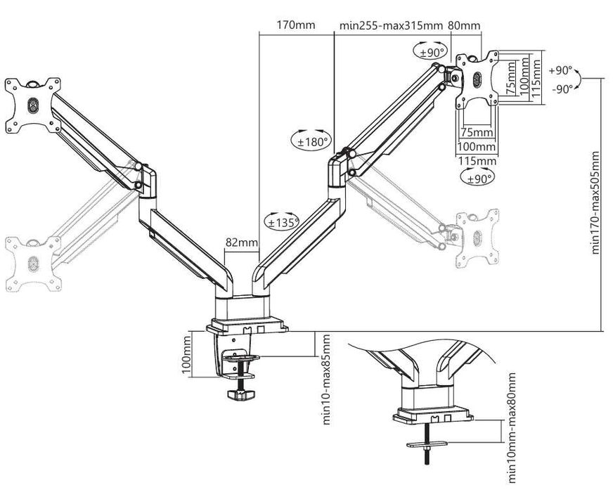 Suport birou 2 monitoare A+ SMLC24, gas spring, 17''-32'', Argintiu