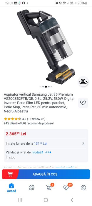 Aspirator vertical Samsung Jet 85 Premium VS20C852FTB/GE, 0.8L, 25.2V,