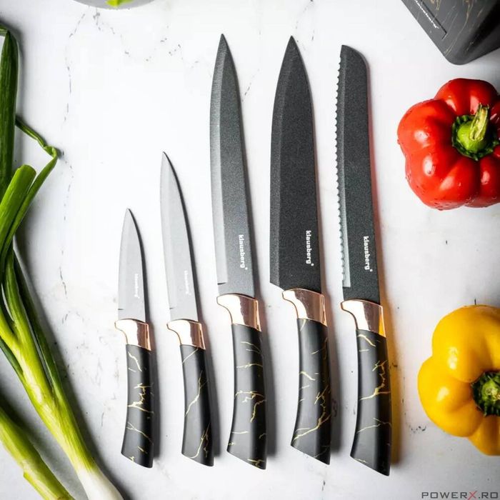 Set cutite din oțel inoxidabil, 6 piese, suport negru cu model maro,
