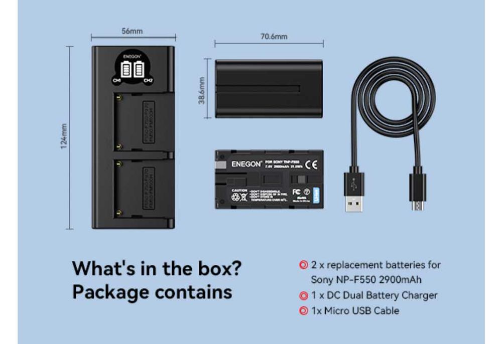 Батерии Enegon NP-F550/570 2бр. по 2900mAh със зарядно 2 слота за Sony