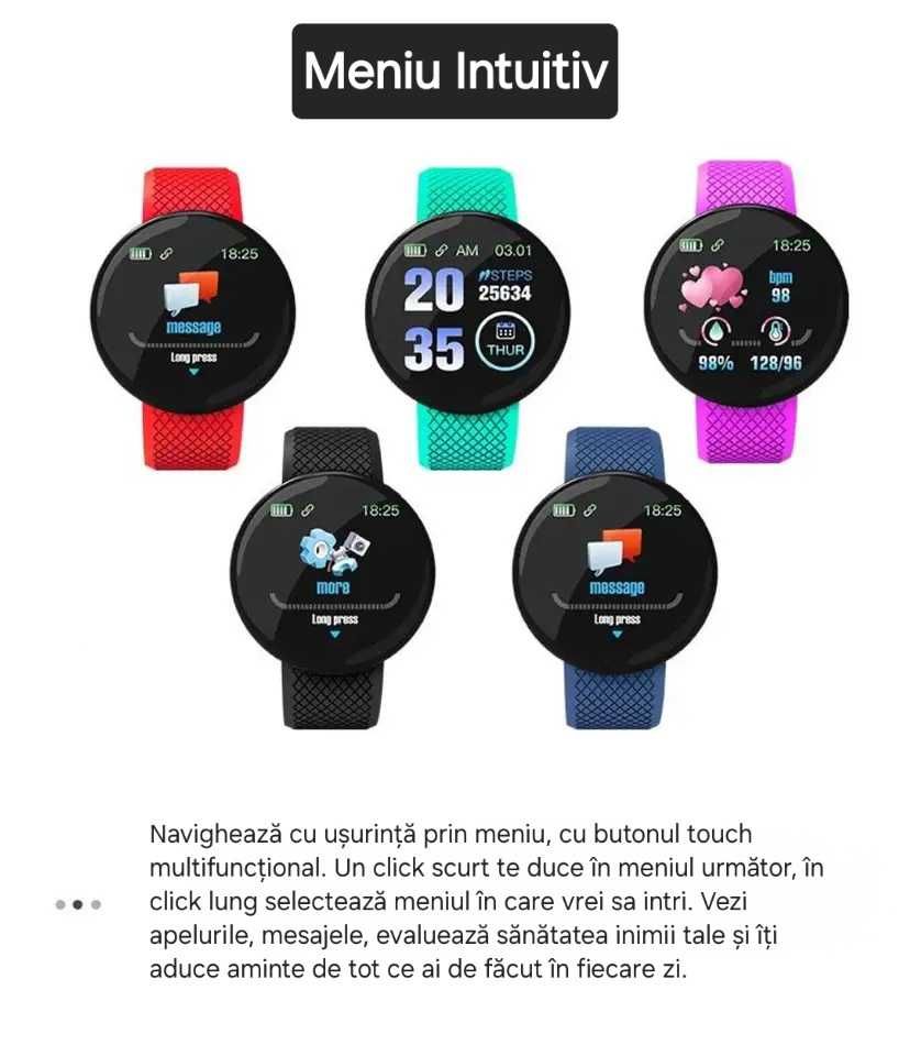 Smart watch bluetooth. Zeci de funcții fitness&sănătate. Mov. Rotund.