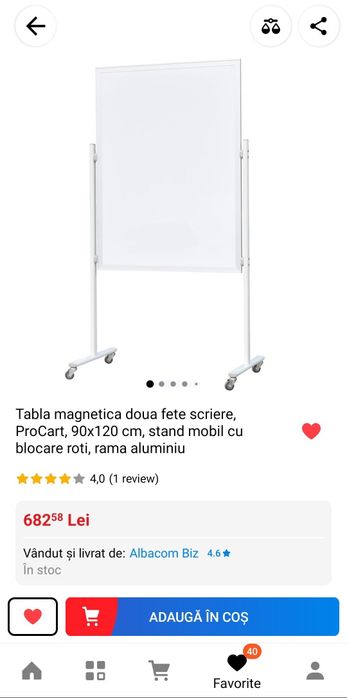 Tabla magnetica 2 fețe ProCart  si suport roti