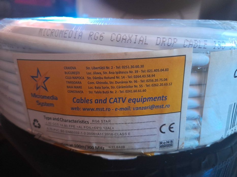 Cablu Coaxial  RG6 - 100 Metri / Cablu Tv -Satelit-Antena