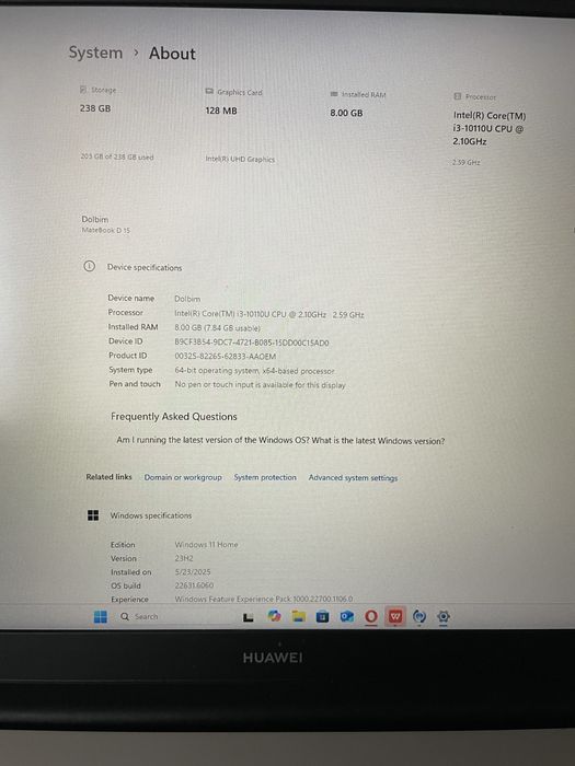 Matebook D15 (intel core i3/256GB)