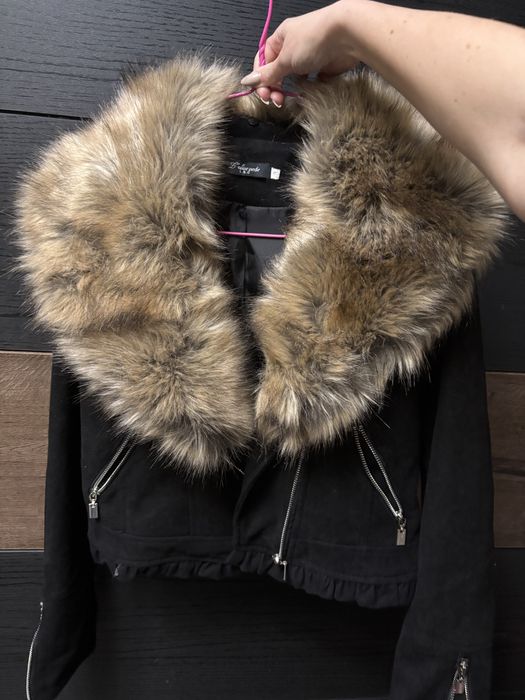 Яке черен велур с яка от еко косъм