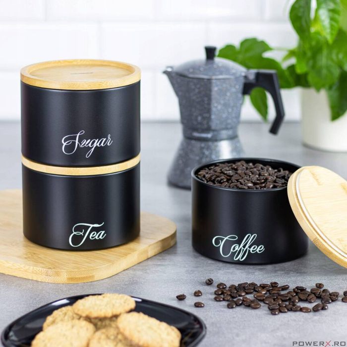 Recipiente pentru cafea, ceai, zahar, din otel-bambus, negru,