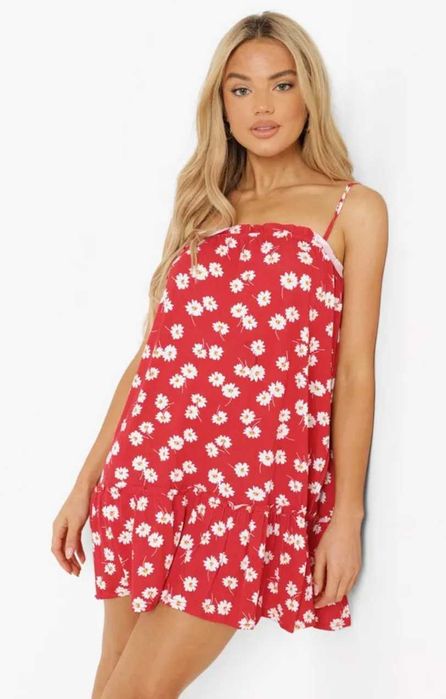 Rochie vara, scurta, rosu cu floricele albe, S