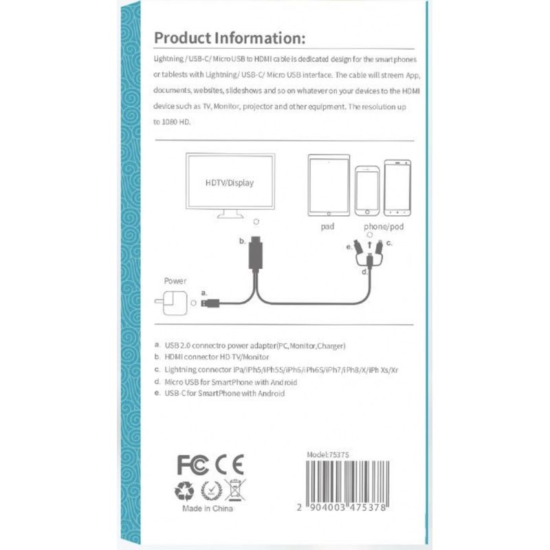 3в1 HDTV адаптерен кабел USBC/micro-usb/lightning към HDMI,IOS/ANDROID