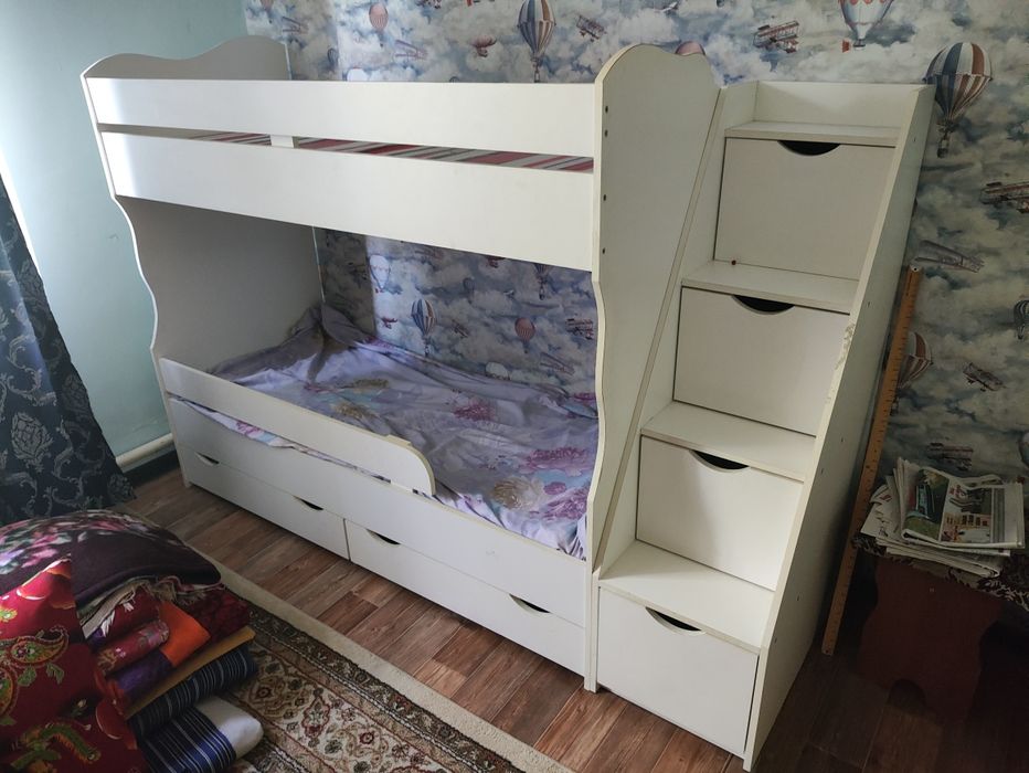 Двухъярусная кровать с матрасом, 70x170 см, белый