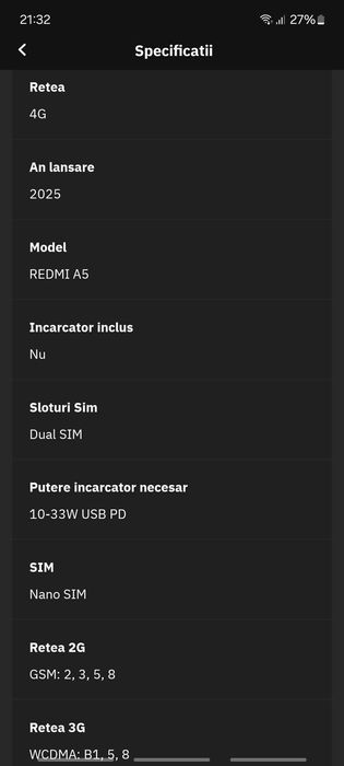 Telefon XIAOMI Redmi A5, 128GB, 4GB RAM, Dual SIM, Midnight Black