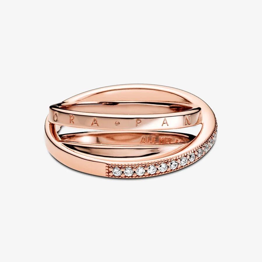 Inel Pandora cu benzi triple pavé încrucișate, placat cu aur 14k