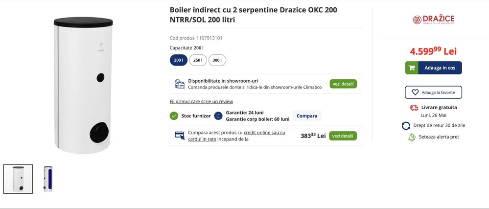 Boiler marca Drazice de apa calda cu 2 serpentine 200l
