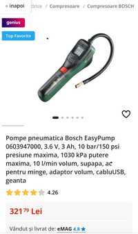 Pompe pneumatica Bosch EasyPump 0603947000, 3.6 V, 3 Ah, 10 bar/150 ps