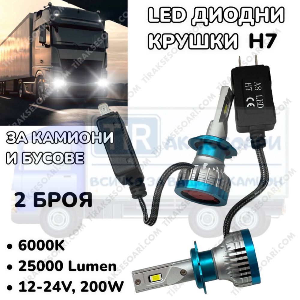 LED Диодни крушки за камиони, бусове H7 200W 12-24V +200%