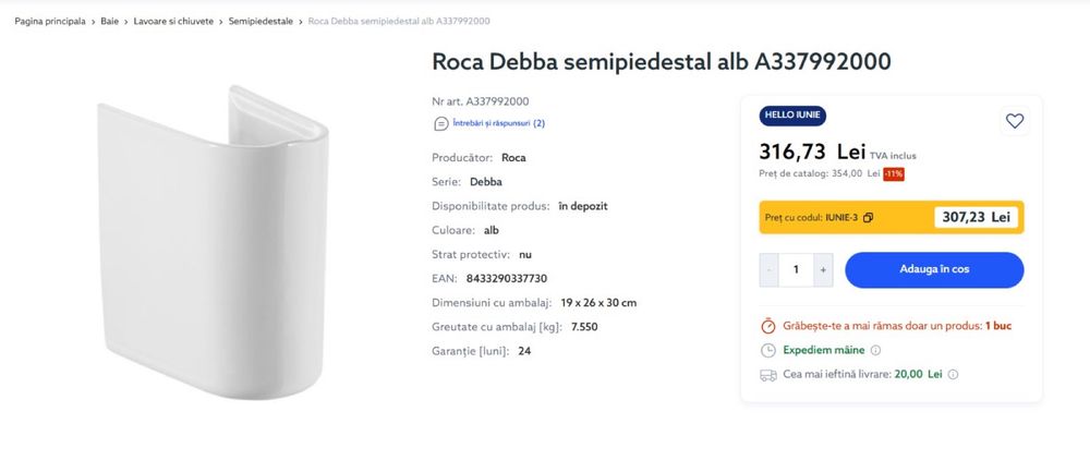 Chiuveta baie cu semipiedestal Roca Debba 55x44cm