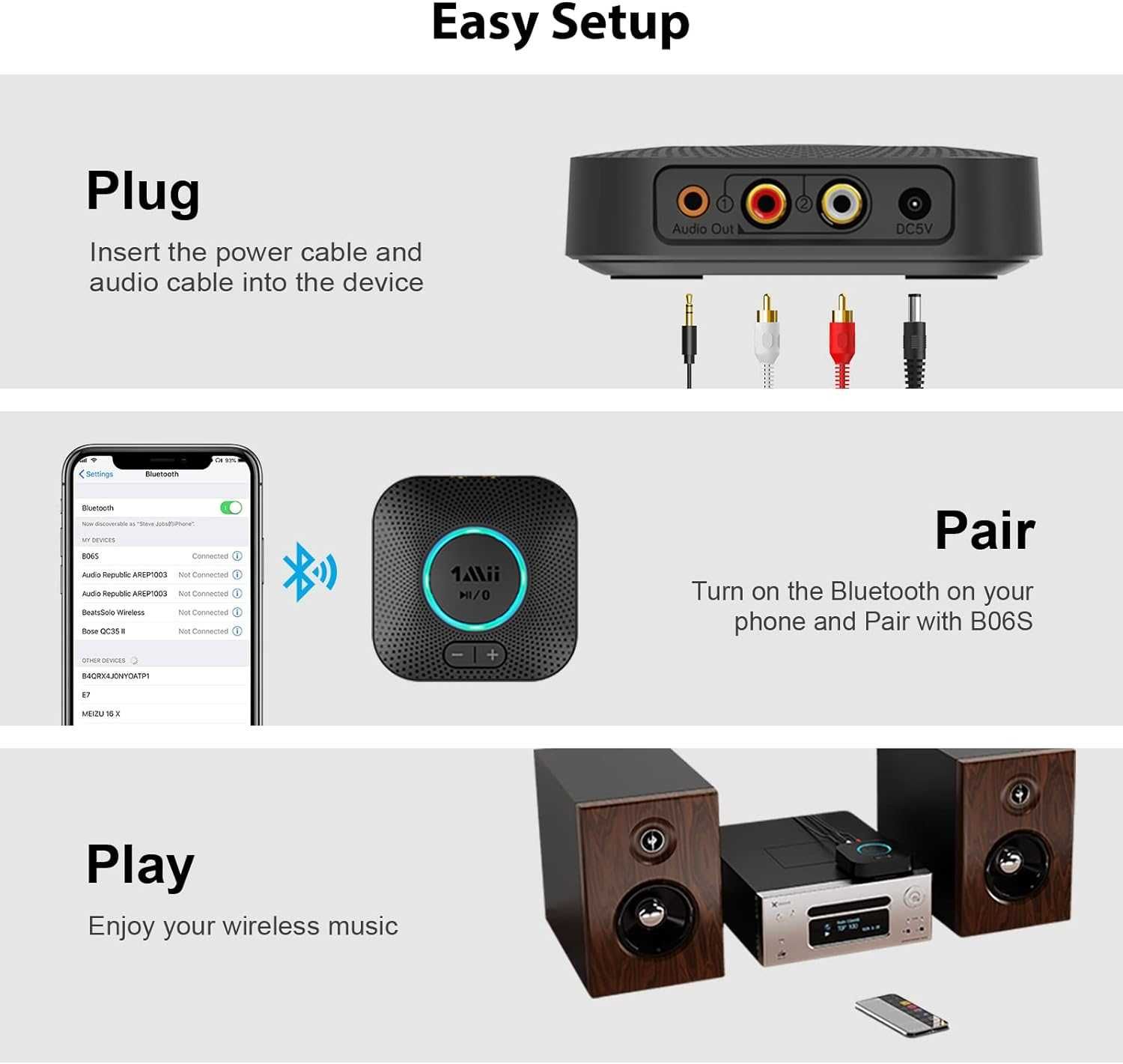 1Mii B06S Receptor Bluetooth 5.2, Adaptor audio wireless HiFi aptX HD