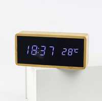 Часовник от истински бамбук - LED сензор за звук, аларма, температура