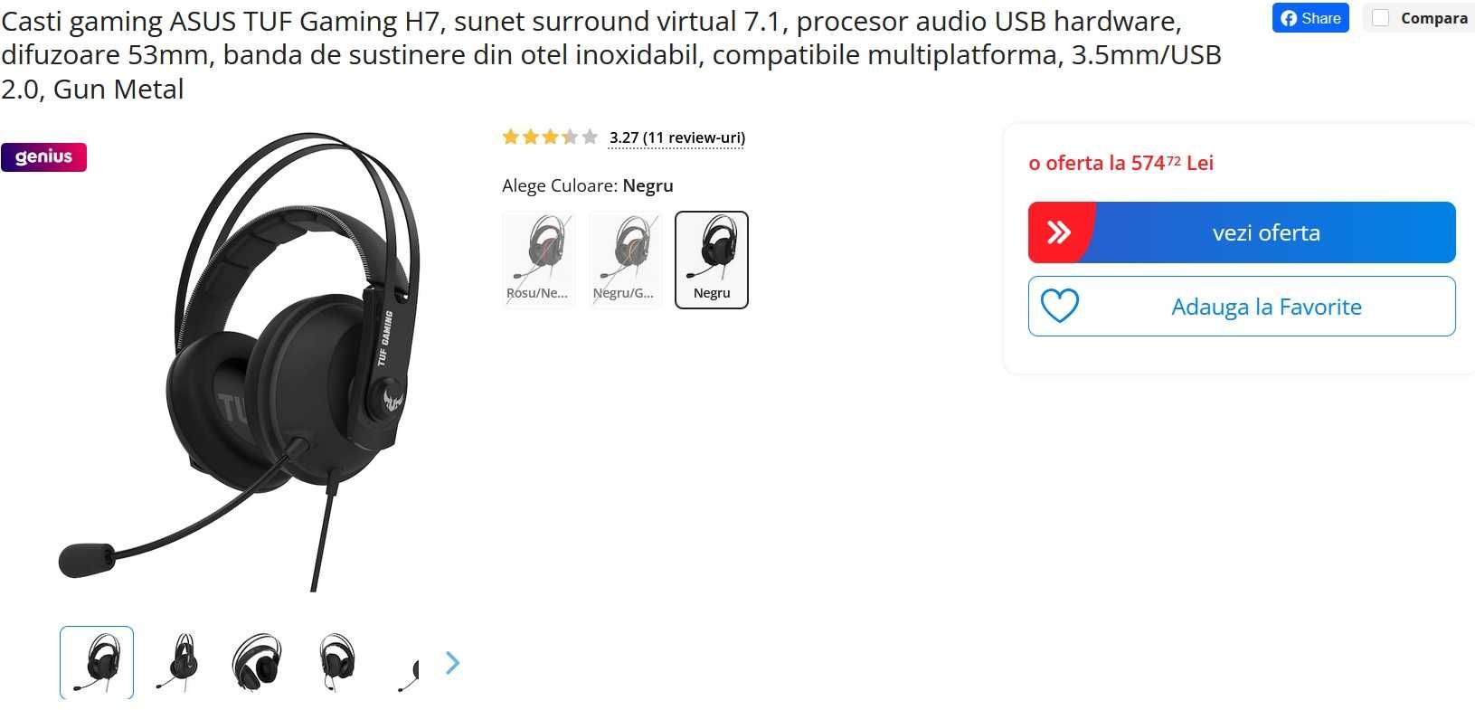 Casti Gaming ASUS TUF Gaming H7 7.1 Gun Metal, noi, garantie 21.01.27